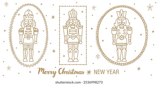 Gold Nutcracker. Cute Christmas vector poster. 
