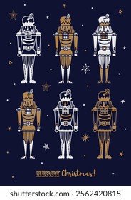 Gold Nutcracker. Cute Christmas vector poster. 
