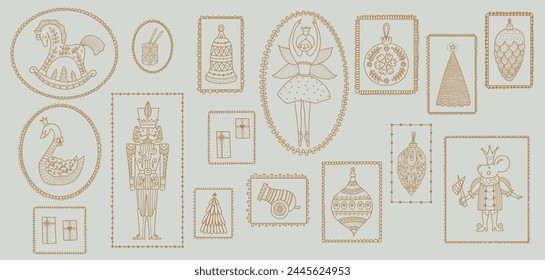 Gold Nutcracker. Set. Magic line vector illustration. Transparent background