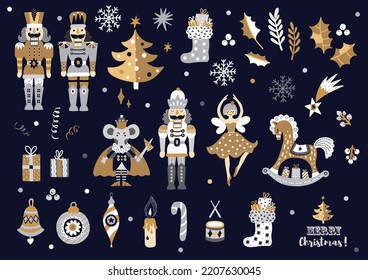  Gold Nutcracker. Set. Magic vector illustration.