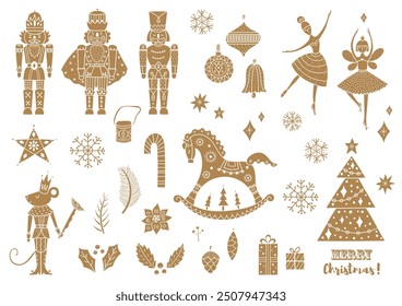  Gold Nutcracker. Set.Silhouettes  Magic vector illustration. Coloring page. Transparent background.