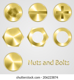 Gold Nuts and bolts. Vector illustration.