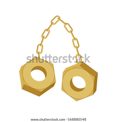 Gold Nuts on chain isolated. Two screw-nut hang