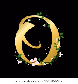 Gold O letter with flowers, alphabet illustration on black