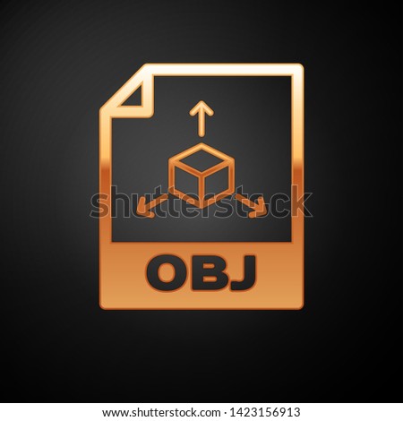 Gold OBJ file document icon. Download obj button icon isolated on black background. OBJ file symbol. Vector Illustration
