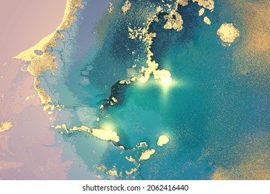 Gold, and ocean blue abstract alcohol ink marble texture. Vector shining background with natural pattern and glitter. Template for banner, poster design. Fluid art painting