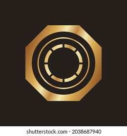 Gold Octagon with Circle 3D shape icon design isolated on black background. Modern logo octagon. Gold circle logo.