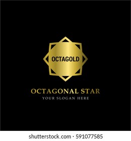 Gold Octagonal Star Logo Vector in elegant Style with Black Background