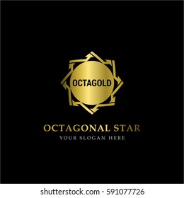 Gold Octagonal Star Logo Vector in elegant Style with Black Background
