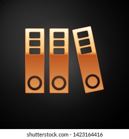Gold Office folders with papers and documents icon isolated on black background. Office binders. Archives folder sign.  Vector Illustration