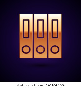Gold Office folders with papers and documents icon isolated on dark blue background. Office binders. Archives folder sign.  Vector Illustration