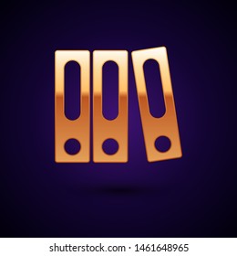 Gold Office folders with papers and documents icon isolated on dark blue background. Office binders. Archives folder sign.  Vector Illustration