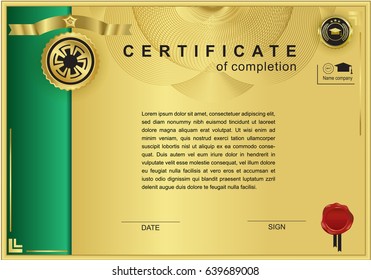 Gold official certificate with green design element, emblem and wafer.