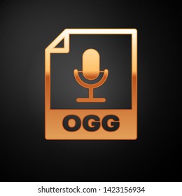 Gold OGG file document icon. Download ogg button icon isolated on black background. OGG file symbol. Vector Illustration