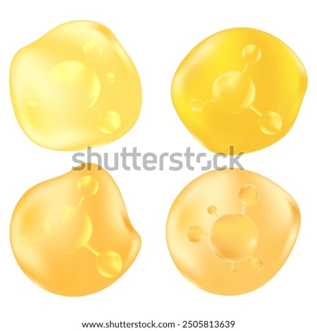 Gold oil 3d molecule blobs or droplets isolated transparent background, hyaluronic acid or collagen, bio cell, vector scientific icon. Cosmetology elements. Beauty science or vitamin molecule essence