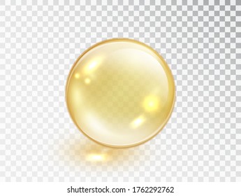 Gold oil bubble isolated on transparent background. Vector realistic yellow serum droplet of drug or collagen essence. Vitamin translucent pill