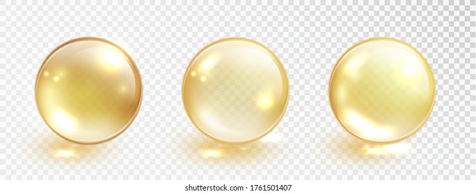 Gold oil bubble set isolated on transparent background. Vector realistic yellow serum droplet of drug or collagen essence. Vitamin translucent pill