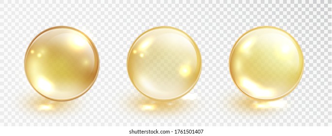 Conjunto de bolhas de óleo de ouro isolado no fundo transparente. Gota de soro amarelo realista vetorial de essência de droga ou colágeno. Pílula de vitamina