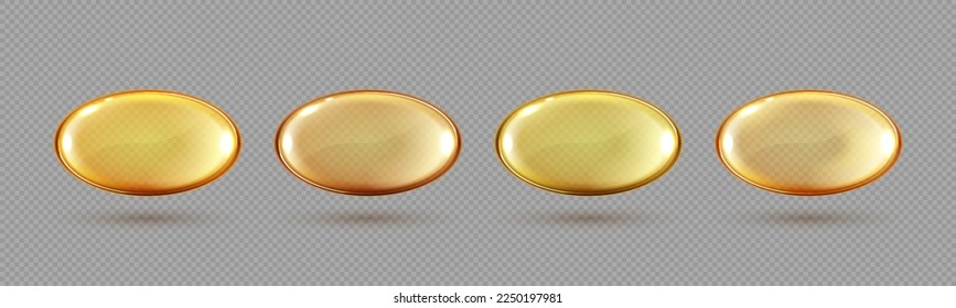 Gold oil bubbles isolated on transparent background. Cosmetic vitamin capsule or omega 3 oil capsule. Vector realistic serum of collagen essence.
