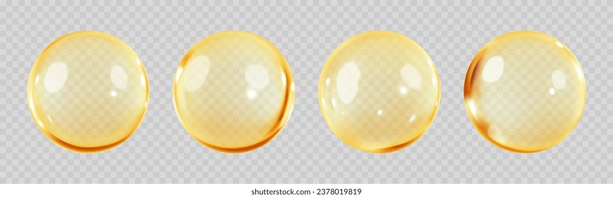 Burbujas de oro de petróleo aisladas en un fondo transparente. Cápsula cosmética de vitamina o cápsula de aceite omega 3. Suero de esencia de colágeno. Concepto de atención cosmética y personal. Vector realista