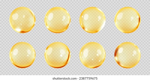 Gold oil bubbles isolated on transparent background. Cosmetic vitamin capsule or omega 3 oil capsule. Serum of collagen essence. Cosmetic and personal care concept. Vector realistic
