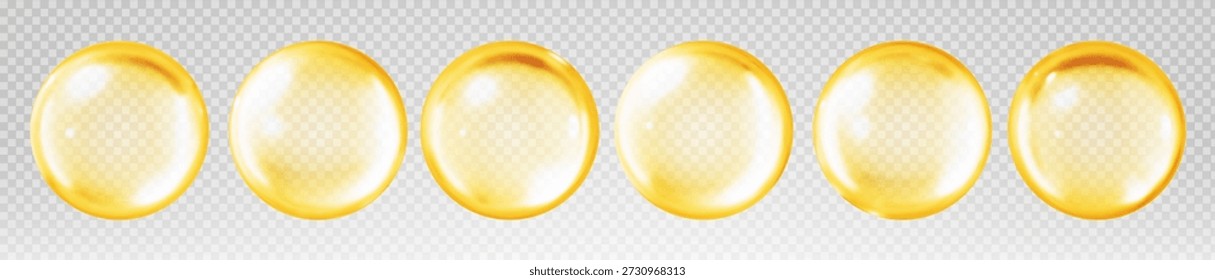 Gold oil bubbles isolated on transparent background. Cosmetic vitamin capsule or omega 3 oil capsule. Serum of collagen essence. Cosmetic and personal care concept. Vector realistic