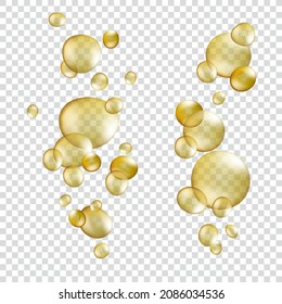 Gold oil bubbles. Realistic cosmetic pill keratin capsules collagen serum, 3d oily bubble castor, yellow essence jojoba, vitamin skin and hair, transparent vector. Illustration of gold oil collagen