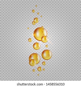 Burbujas de petróleo de oro. Cápsulas de colágeno blando vectorial. El aceite cosmético cae aislado sobre un fondo transparente. Esencia realista ilustración del colágeno de oro