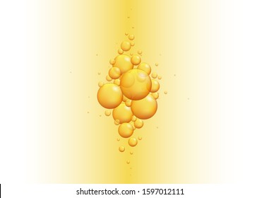 Gold oil bubbles. Vector blink collagen capsules. Golden balls template. Vector realistic serum droplets of drug or collagen.  