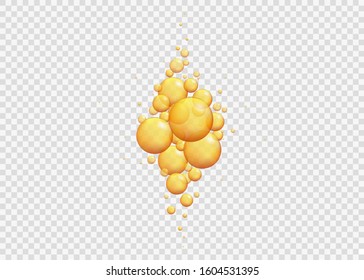 Gold oil bubbles.Golden balls template. Vector realistic serum droplets of drug or collagen.  Realistic bead of epoxy artificial amber, and even drop of wine, beer, juice, honey, oil.