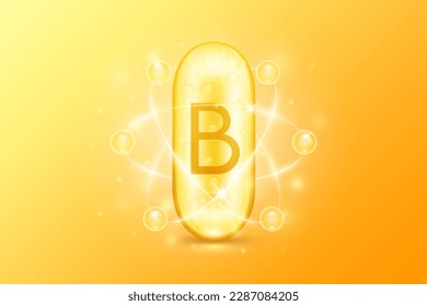 Gold oil capsule vitamin B. Pill multivitamin complex with bubble collagen serum radius ring surround. Skincare cosmetics nutrition design. 3D Vector.