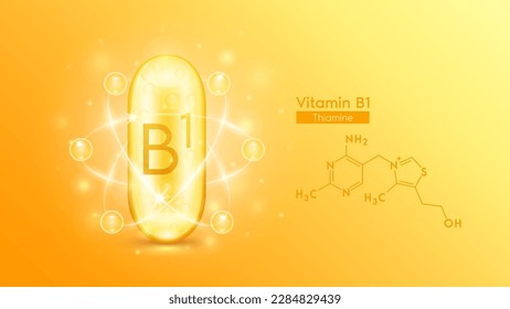 Gold-Ölkapsel Vitamin B1 und Struktur chemische Formel. Pillen Sie den Multivitamin-Komplex mit einem Serumkreisring mit Blasenkollagen. Hautpflege Kosmetik Ernährung Design. Medizinische Konzepte. 3D-Vektorgrafik.