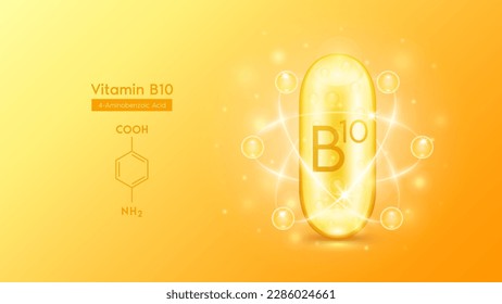 Gold oil capsule vitamin B10 or 4-Aminobenzoic acid structure chemical formula. Pill multivitamin complex with bubble collagen serum radius ring surround. Skincare cosmetics nutrition design. Vector.