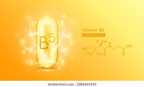 Gold oil capsule vitamin B5 or Pantothenic Acid and structure chemical formula. Pill multivitamin complex with bubble collagen serum radius ring surround. Skincare cosmetics nutrition design. Vector.