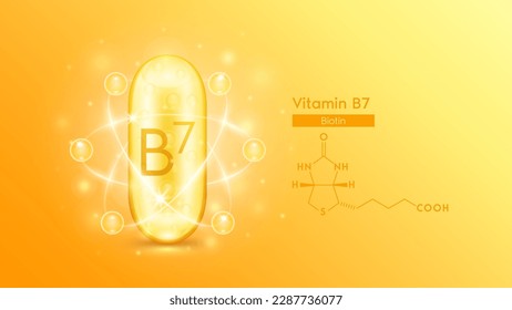 Cápsula de aceite de oro vitamina B7 o biotina y fórmula química de estructura. Complejo multivitamínico de píldora con anillo de radio sérico de colágeno burbuja. Diseño nutricional de cosméticos de cuidado de la piel. Vector 3D.