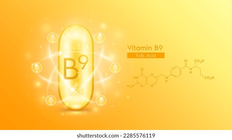 Gold oil capsule vitamin B9 or Folic Acid and structure chemical formula. Pill multivitamin complex with bubble collagen serum radius ring surround. Skincare cosmetics nutrition design. 3D Vector.