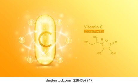 Gold oil capsule vitamin C and structure chemical formula. Pill multivitamin complex with bubble collagen serum radius ring surround. Skincare cosmetics nutrition design. Medical concepts. 3D Vector.