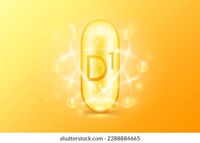 Gold oil capsule vitamin D1. Pill multivitamin complex with bubble collagen serum radius ring surround. Skincare cosmetics nutrition design. 3D Vector.