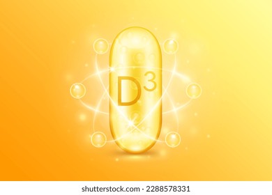 Gold oil capsule vitamin D3. Pill multivitamin complex with bubble collagen serum radius ring surround. Skincare cosmetics nutrition design. 3D Vector.