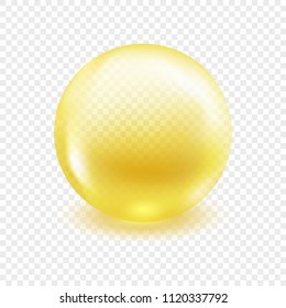 Gold oil capsule with vitamin E or jojoba oil. Golden bubble isolated on transparent background. Collagen essence, yellow serum droplet. Vector illustration.