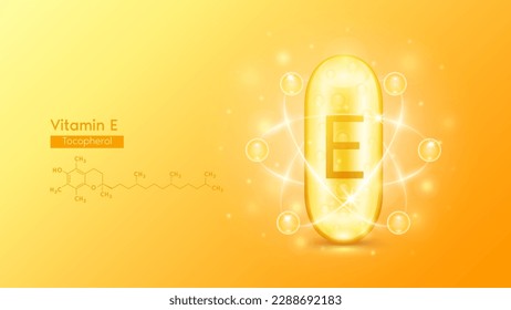 Gold oil capsule vitamin E or Tocopherol and structure chemical formula. Pill multivitamin complex with collagen serum radius ring surround. Skincare cosmetics nutrition design. Medical concepts. 3D 