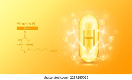 Gold oil capsule vitamin H or Biotin and structure chemical formula. Pill multivitamin complex with bubble collagen serum radius ring surround. Skincare cosmetics nutrition design. Medical concepts.