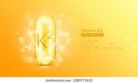 Gold oil capsule vitamin K2 and structure chemical formula. Pill multivitamin complex with bubble collagen serum radius ring surround. Skincare cosmetics nutrition design. Medical concepts. 3D Vector