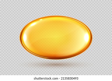 Gold oil capsule, vitamin round pill. Cosmetics, omega 3 golden bubble. Serum droplets or collagen essence isolated on transparent background.