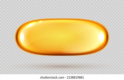 Gold oil capsule, vitamin round pill. Cosmetics, omega 3 golden bubble. Serum droplets or collagen essence isolated on transparent background.