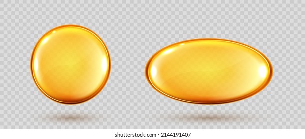 Gold oil capsule, vitamin round pill. Cosmetics, omega 3 golden bubble. Serum droplets or collagen essence isolated on transparent background