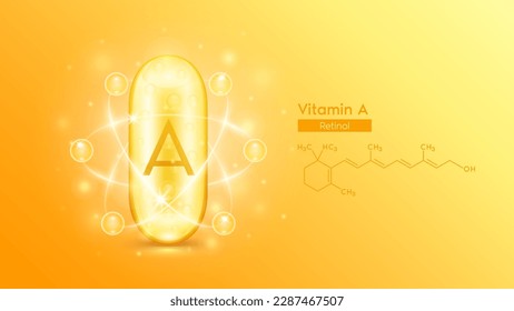 Gold oil capsule vitamin A and structure chemical formula. Pill multivitamin complex with bubble collagen serum radius ring surround. Skincare cosmetics nutrition design. Medical concepts. 3D Vector.