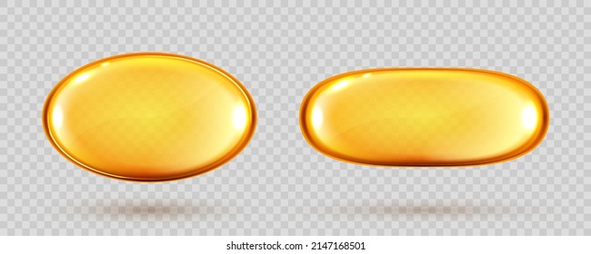 Gold oil capsules. Vitamin round pill. Cosmetics, omega 3 golden bubble. Serum droplets or collagen essence isolated on transparent background