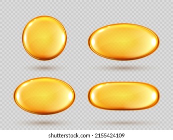 Gold oil capsules. Vitamin round pill set. Cosmetics, omega 3 golden bubble. Serum droplets or collagen essence isolated on transparent background