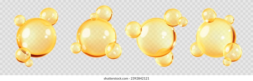 Gold oil capsules, vitamin round pills. Cosmetics, omega 3 golden bubbles. Serum droplets or collagen essence isolated on transparent background
